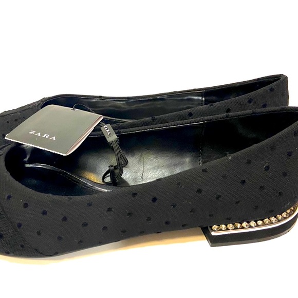6 🔖 ZARA Pointed Diamond Heel Polka Dot Lace Flats Black - Picture 2 of 6